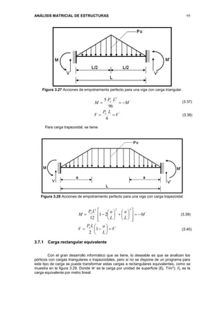 ANÁLISIS MATRICIAL DE ESTRUCTURAS 95
Figura 3.27 Acciones de empotramiento perfecto para una viga con carga triangular.
'
'
2
4
96
5
V
LP
V
M
LP
M
o
o


Para carga trapezoidal, se tiene:
Figura 3.28 Acciones de empotramiento perfecto para una viga con carga trapezoidal.
'
'
322
1
2
21
12
V
L
aLP
V
M
L
a
L
aLP
M
o
o





























3.7.1 Carga rectangular equivalente
Con el gran desarrollo informático que se tiene, lo deseable es que se analicen los
pórticos con cargas triangulares o trapezoidales, pero si no se dispone de un programa para
este tipo de carga se puede transformar estas cargas a rectangulares equivalentes, como se
muestra en la figura 3.29. Donde 𝑊 es la carga por unidad de superficie (Ej. T/m2); 𝑃0 es la
carga equivalente por metro lineal.
(3.37)
(3.38)
(3.39)
(3.40)
 