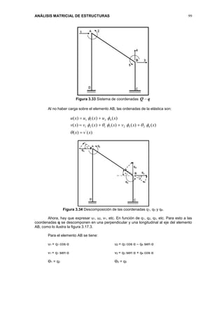 ANÁLISIS MATRICIAL DE ESTRUCTURAS 99
Figura 3.33 Sistema de coordenadas qQ 
Al no haber carga sobre el elemento AB, las ordenadas de la elástica son:
)()(
)()()()()(
)()()(
'
62523121
4211
xvx
xxvxxvxv
xuxuxu






Figura 3.34 Descomposición de las coordenadas q1, q3 y q4.
Ahora, hay que expresar u1, u2, v1, etc. En función de q1, q2, q3, etc. Para esto a las
coordenadas q se descomponen en una perpendicular y una longitudinal al eje del elemento
AB, como lo ilustra la figura 3.17.3.
Para el elemento AB se tiene:
u1 = q1 cos α u2 = q3 cos α – q4 sen α
v1 = q1 sen α v2 = q3 sen α + q4 cos α
Ө1 = q2 Ө2 = q5
 