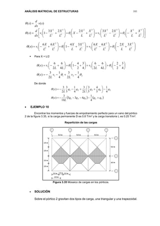 ANÁLISIS MATRICIAL DE ESTRUCTURAS 101
































2
32
23
3
2
2
22
32
13
3
2
2
1
23223
1)(
)()(
L
X
L
X
L
X
L
X
v
L
X
L
X
X
L
X
L
X
v
dx
d
x
xv
dx
d
x


























 2
2
23
2
222
2
13
2
21
326634
1
66
)(
L
X
L
X
L
X
L
X
v
L
X
L
X
L
X
L
X
vx 
 Para X = L/2
2211
2211
4
1
2
3
4
1
2
3
)(
4
3
2
2
4
6
2
6
4
3
2
4
1
4
6
2
6
)(




























v
L
v
L
x
LL
v
LL
vx
De donde
   52431
54321
4
1
433
10
3
)(
4
1
5
4
5
3
2
3
4
1
5
3
2
3
)(
qqqqq
L
x
qqq
L
qq
L
x










 EJEMPLO 10
Encontrar los momentos y fuerzas de empotramiento perfecto para un vano del pórtico
2 de la figura 3.35, si la carga permanente D es 0.8 T/m2 y la carga transitoria L es 0.25 T/m2.
Repartición de las cargas
Figura 3.35 Mosaico de cargas en los pórticos.
 SOLUCIÓN
Sobre el pórtico 2 gravitan dos tipos de carga, una triangular y una trapezoidal.
 