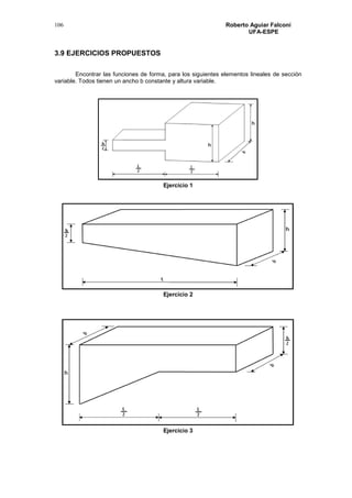 Roberto Aguiar Falconí
UFA-ESPE
106
3.9 EJERCICIOS PROPUESTOS
Encontrar las funciones de forma, para los siguientes elementos lineales de sección
variable. Todos tienen un ancho b constante y altura variable.
Ejercicio 1
Ejercicio 2
Ejercicio 3
 