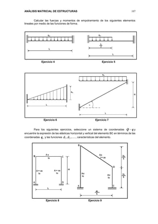 ANÁLISIS MATRICIAL DE ESTRUCTURAS 107
Calcular las fuerzas y momentos de empotramiento de los siguientes elementos
lineales por medio de las funciones de forma.
Ejercicio 4 Ejercicio 5
Ejercicio 6 Ejercicio 7
Para los siguientes ejercicios, seleccione un sistema de coordenadas qQ  y
encuentre la expresión de las elásticas horizontal y vertical del elemento BC en términos de las
coordenadas iq y las funciones ,....., 21  , características del elemento.
Ejercicio 8 Ejercicio 9
 
