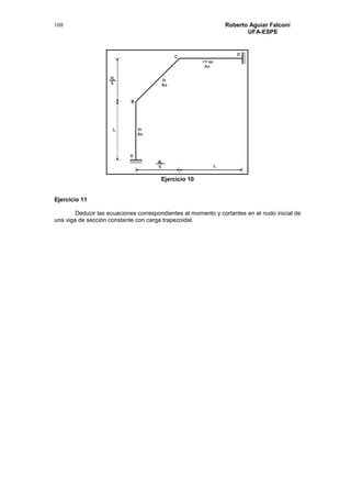 Roberto Aguiar Falconí
UFA-ESPE
108
Ejercicio 10
Ejercicio 11
Deducir las ecuaciones correspondientes al momento y cortantes en el nudo inicial de
una viga de sección constante con carga trapezoidal.
 