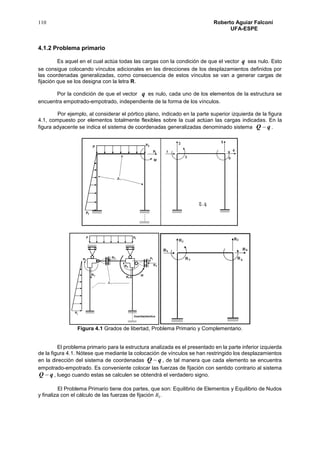 110 Roberto Aguiar Falconí
UFA-ESPE
4.1.2 Problema primario
Es aquel en el cual actúa todas las cargas con la condición de que el vector q sea nulo. Esto
se consigue colocando vínculos adicionales en las direcciones de los desplazamientos definidos por
las coordenadas generalizadas, como consecuencia de estos vínculos se van a generar cargas de
fijación que se los designa con la letra R.
Por la condición de que el vector q es nulo, cada uno de los elementos de la estructura se
encuentra empotrado-empotrado, independiente de la forma de los vínculos.
Por ejemplo, al considerar el pórtico plano, indicado en la parte superior izquierda de la figura
4.1, compuesto por elementos totalmente flexibles sobre la cual actúan las cargas indicadas. En la
figura adyacente se indica el sistema de coordenadas generalizadas denominado sistema qQ  .
Figura 4.1 Grados de libertad, Problema Primario y Complementario.
El problema primario para la estructura analizada es el presentado en la parte inferior izquierda
de la figura 4.1. Nótese que mediante la colocación de vínculos se han restringido los desplazamientos
en la dirección del sistema de coordenadas qQ  , de tal manera que cada elemento se encuentra
empotrado-empotrado. Es conveniente colocar las fuerzas de fijación con sentido contrario al sistema
qQ  , luego cuando estas se calculen se obtendrá el verdadero signo.
El Problema Primario tiene dos partes, que son: Equilibrio de Elementos y Equilibrio de Nudos
y finaliza con el cálculo de las fuerzas de fijación 𝑅𝑖.
 