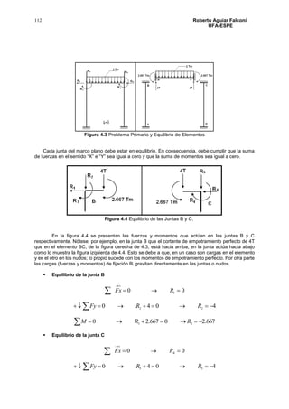 112 Roberto Aguiar Falconí
UFA-ESPE
Figura 4.3 Problema Primario y Equilibrio de Elementos
Cada junta del marco plano debe estar en equilibrio. En consecuencia, debe cumplir que la suma
de fuerzas en el sentido “X” e “Y” sea igual a cero y que la suma de momentos sea igual a cero.
Figura 4.4 Equilibrio de las Juntas B y C.
En la figura 4.4 se presentan las fuerzas y momentos que actúan en las juntas B y C
respectivamente. Nótese, por ejemplo, en la junta B que el cortante de empotramiento perfecto de 4T
que en el elemento BC, de la figura derecha de 4.3, está hacia arriba, en la junta actúa hacia abajo
como lo muestra la figura izquierda de 4.4. Esto se debe a que, en un caso son cargas en el elemento
y en el otro en los nudos; lo propio sucede con los momentos de empotramiento perfecto. Por otra parte
las cargas (fuerzas y momentos) de fijación Ri gravitan directamente en las juntas o nudos.
 Equilibrio de la junta B
00 1 

 RFx
4040 22   RRFy
667.20667.20 33  RRM
 Equilibrio de la junta C
00 4 

 RFx
4040 55   RRFy
 