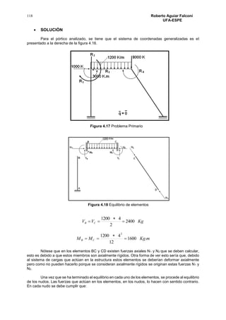 118 Roberto Aguiar Falconí
UFA-ESPE
 SOLUCIÒN
Para el pórtico analizado, se tiene que el sistema de coordenadas generalizadas es el
presentado a la derecha de la figura 4.16.
Figura 4.17 Problema Primario
Figura 4.18 Equilibrio de elementos
KgVV CB 2400
2
41200



mKgMM CB .1600
12
41200
2



Nótese que en los elementos BC y CD existen fuerzas axiales N1 y N2 que se deben calcular,
esto es debido a que estos miembros son axialmente rígidos. Otra forma de ver esto sería que, debido
al sistema de cargas que actúan en la estructura estos elementos se deberían deformar axialmente
pero como no pueden hacerlo porque se consideran axialmente rígidos se originan estas fuerzas N1 y
N2.
Una vez que se ha terminado el equilibrio en cada uno de los elementos, se procede al equilibrio
de los nudos. Las fuerzas que actúan en los elementos, en los nudos, lo hacen con sentido contrario.
En cada nudo se debe cumplir que:
 
