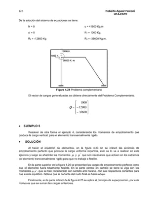 122 Roberto Aguiar Falconí
UFA-ESPE
De la solución del sistema de ecuaciones se tiene:
N = 0 u = 41600 Kg.m
u' = 0 R1 = 1000 Kg.
R2 = -12800 Kg R3 = -38600 Kg.m.
Figura 4.24 Problema complementario
El vector de cargas generalizadas se obtiene directamente del Problema Complementario.
Q












38600
12800
1000
 EJEMPLO 5
Resolver de otra forma el ejemplo 4, considerando los momentos de empotramiento que
produce la carga vertical, para el elemento transversalmente rígido.
 SOLUCIÓN
Al hacer el equilibrio de elementos, en la figura 4.23 no se colocó las acciones de
empotramiento perfecto que produce la carga uniforme repartida, esto se lo va a realizar en este
ejercicio y luego se añadirán los momentos  y
'
 que son necesarios que actúen en los extremos
del elemento transversalmente rígido para que no trabaje a flexión.
En la parte superior de la figura 4.25 se presentan las cargas de empotramiento perfecto como
que el elemento fuera totalmente flexible. En la parte central en cambio se tiene la viga con los
momentos 𝜇, 𝜇′
, que se han considerado con sentido anti horario, con sus respectivos cortantes para
que exista equilibrio. Nótese que el cortante del nudo final es hacia abajo.
Finalmente, en la parte inferior de la figura 4.25 se aplica el principio de superposición, por este
motivo es que se suman las cargas anteriores.
 