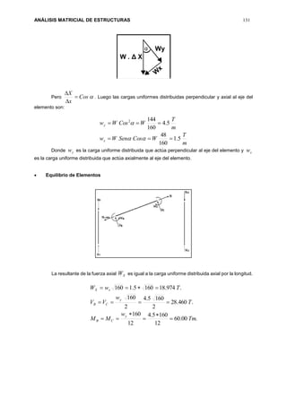 ANÁLISIS MATRICIAL DE ESTRUCTURAS 131
Pero Cos
x
X



. Luego las cargas uniformes distribuidas perpendicular y axial al eje del
elemento son:
m
T
WCosSenWw
m
T
WCosWw
x
y
5.1
160
48
5.4
160
1442




Donde yw es la carga uniforme distribuida que actúa perpendicular al eje del elemento y xw
es la carga uniforme distribuida que actúa axialmente al eje del elemento.
 Equilibrio de Elementos
La resultante de la fuerza axial XW es igual a la carga uniforme distribuida axial por la longitud.
.00.60
12
1605.4
12
160
.460.28
2
1605.4
2
160
.974.181605.1160
Tm
w
MM
T
w
VV
TwW
y
CB
y
CB
xX







 