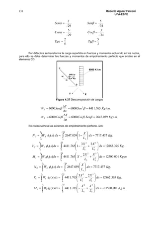 138 Roberto Aguiar Falconí
UFA-ESPE
3
5
5
2
34
3
29
5
34
5
29
2






TgTg
CosCos
SenSen
Por didáctica se transforma la carga repartida en fuerzas y momentos actuando en los nudos,
para ello se debe determinar las fuerzas y momentos de empotramiento perfecto que actúan en el
elemento CD.
Figura 4.37 Descomposición de cargas
./059.264760006000
./765.441160006000 2
mKgSenCos
x
Y
CosW
mKgSen
x
Y
SenW
X
Y










En consecuencia las acciones de empotramiento perfecto, son:
 
 
 





















3
3
3
0
34
0
2
3
3
3
2
3
0
34
0
3
3
3
2
3
2
2
0
34
0 3
1
.001.12500
2
765.4411)(
.395.12862
23
1765.4411)(
.437.77171059.2647)(
L
Yc
L
YC
L
XC
mKgdx
L
X
L
X
XdxxWM
Kgdx
L
X
L
X
dxxWV
Kgdx
L
X
dxxWN



 
 
 





















3
3
3
0
34
0
2
3
3
3
2
6
0
34
0
3
3
3
2
3
2
5
0
34
0 3
4
.001.12500765.4411)(
.395.12862
23
765.4411)(
.437.7717059.2647)(
L
Yc
L
YC
L
XD
mKgdx
L
X
L
X
dxxWM
Kgdx
L
X
L
X
dxxWV
Kgdx
L
X
dxxWN



 