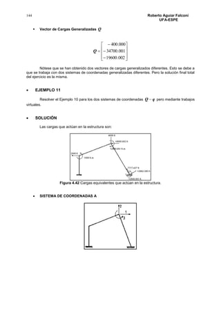 144 Roberto Aguiar Falconí
UFA-ESPE
 Vector de Cargas Generalizadas Q














002.19600
001.34700
000.400
Q
Nótese que se han obtenido dos vectores de cargas generalizados diferentes. Esto se debe a
que se trabaja con dos sistemas de coordenadas generalizadas diferentes. Pero la solución final total
del ejercicio es la misma.
 EJEMPLO 11
Resolver el Ejemplo 10 para los dos sistemas de coordenadas qQ  pero mediante trabajos
virtuales.
 SOLUCIÓN
Las cargas que actúan en la estructura son:
Figura 4.42 Cargas equivalentes que actúan en la estructura.
 SISTEMA DE COORDENADAS A
 