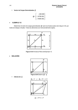 148 Roberto Aguiar Falconí
UFA-ESPE
 Vector de Cargas Generalizadas Q














002.19600
001.34700
000.400
Q
 EJEMPLO 12
Determinar el vector de cargas generalizadas Q para la armadura plana de la figura 4.43, por
medio de trabajos virtuales. Todos los elementos son transversalmente rígidos.
Figura 4.43 Armadura Plana del Ejemplo 12.
 SOLUCIÓN
Figura 4.44 Sistema qQ 
 Cálculo de 1Q
1011  iqyq i
PPQ  11
 