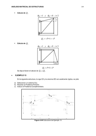 ANÁLISIS MATRICIAL DE ESTRUCTURAS 149
 Cálculo de 2Q
2012  iqyq i
PPQ  12
 Cálculo de 3Q
3013  iqyq i
PPQ  13
Se deja al lector el cálculo de 4Q y 5Q .
 EJEMPLO 13
En la siguiente estructura, la viga CD y la columna DE son axialmente rígidos, se pide:
a) Seleccionar un sistema Q-q.
b) Resolver el Problema Primario.
c) Indicar el Problema Complementario.
Figura 4.44 Estructura de Ejemplo 13
8
8
 