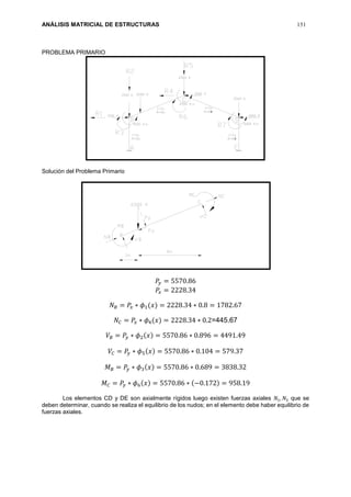 ANÁLISIS MATRICIAL DE ESTRUCTURAS 151
PROBLEMA PRIMARIO
Solución del Problema Primario
𝑃𝑦 = 5570.86
𝑃𝑥 = 2228.34
𝑁 𝐵 = 𝑃𝑥 ∗ 𝜙1(𝑥) = 2228.34 ∗ 0.8 = 1782.67
𝑁𝐶 = 𝑃𝑥 ∗ 𝜙4(𝑥) = 2228.34 ∗ 0.2=445.67
𝑉𝐵 = 𝑃𝑦 ∗ 𝜙2(𝑥) = 5570.86 ∗ 0.896 = 4491.49
𝑉𝐶 = 𝑃𝑦 ∗ 𝜙5(𝑥) = 5570.86 ∗ 0.104 = 579.37
𝑀 𝐵 = 𝑃𝑦 ∗ 𝜙3(𝑥) = 5570.86 ∗ 0.689 = 3838.32
𝑀 𝐶 = 𝑃𝑦 ∗ 𝜙6(𝑥) = 5570.86 ∗ (−0.172) = 958.19
Los elementos CD y DE son axialmente rígidos luego existen fuerzas axiales 𝑁1, 𝑁2 que se
deben determinar, cuando se realiza el equilibrio de los nudos; en el elemento debe haber equilibrio de
fuerzas axiales.
8
8
 