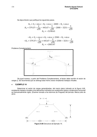154 Roberto Aguiar Falconí
UFA-ESPE
Se deja al lector que justifique los siguientes pasos.
𝑅4 = 𝑉𝐶 ∗ sin 𝛼 − 𝑁𝐶 ∗ cos 𝛼 − 2000 − 𝑁1 ∗ cos 𝛼
𝑅4 = 579.37 ∗
2
√29
− 445.67 ∗
5
√29
− 2000 − 3231 ∗
5
√29
𝑅4 = −5198.63
−𝑅5 = 𝑉𝐶 ∗ cos 𝛼 + 𝑁𝐶 ∗ sin 𝛼 + 2500 − 𝑁1 ∗ sin 𝛼
−𝑅5 = 579.37 ∗
5
√29
+ 445.67 ∗
2
√29
+ 2500 − 3231 ∗
2
√29
𝑅5 = −2003.47
Problema Complementario
De igual manera, a partir del Problema Complementario, el lector debe escribir el vector de
cargas 𝑄. Se recomienda que se obtenga este mismo vector empleando trabajos virtuales.
 EJEMPLO 14
Determinar el vector de cargas generalizadas, del marco plano indicado en la figura 4.46,
empleando trabajos virtuales si los elementos inclinados son axialmente rígidos y el elemento horizontal
es transversalmente rígido. (Examen tomado a los alumnos de Pregrado del período: Marzo-Julio de
2014.
Figura 4.46 Estructura de Ejemplo 14.
 