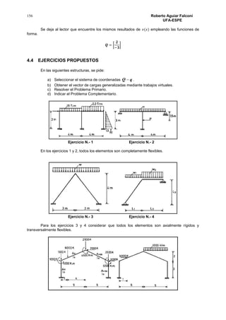 156 Roberto Aguiar Falconí
UFA-ESPE
Se deja al lector que encuentre los mismos resultados de 𝑣(𝑥) empleando las funciones de
forma.
𝑸 = [
𝟐
−𝟑
]
4.4 EJERCICIOS PROPUESTOS
En las siguientes estructuras, se pide:
a) Seleccionar el sistema de coordenadas qQ  .
b) Obtener el vector de cargas generalizadas mediante trabajos virtuales.
c) Resolver el Problema Primario.
d) Indicar el Problema Complementario.
Ejercicio N.- 1 Ejercicio N.- 2
En los ejercicios 1 y 2, todos los elementos son completamente flexibles.
Ejercicio N.- 3 Ejercicio N.- 4
Para los ejercicios 3 y 4 considerar que todos los elementos son axialmente rígidos y
transversalmente flexibles.
 