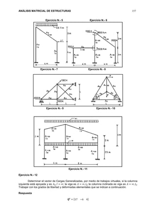 ANÁLISIS MATRICIAL DE ESTRUCTURAS 157
Ejercicio N.- 5 Ejercicio N.- 6
Ejercicio N.- 7 Ejercicio N.- 8
Ejercicio N.- 9 Ejercicio N.- 10
Ejercicio N.- 11
Ejercicio N.- 12
Determinar el vector de Cargas Generalizadas, por medio de trabajos virtuales, si la columna
izquierda está apoyada y es 𝐴0, 𝐼 = ∞; la viga es 𝐴 = ∞, 𝐼0; la columna inclinada es viga es 𝐴 = ∞, 𝐼0.
Trabajar con los grados de libertad y deformadas elementales que se indican a continuación.
Respuesta
𝑸𝒕
= [17 −6 4]
 