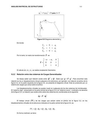 ANÁLISIS MATRICIAL DE ESTRUCTURAS 163
1
*
3 q y 0
*
iq para 3i
Figura 5.5 Diagrama elemental 𝑞3
∗
De donde:
333
223
113
0
1
0
qT
qT
qT



Por lo tanto, la matriz de transformación T es:









 

010
100
01xx
T
El cálculo de x y 1x se realiza empleando Geometría.
5.2.2 Relación entre dos sistemas de Cargas Generalizadas
Se desea saber qué relación existe entre
*
Q y Q . Dado que

 qTq . Para encontrar esta
relación se da un desplazamiento virtual cualquiera a la estructura; por ejemplo, con relación al pórtico de la
figura 5.2, en la parte izquierda de la figura 5.6, se presenta el diagrama virtual. Este es producido por un
sistema de cargas que actúa sobre el pórtico.
Los desplazamientos virtuales se pueden medir en cualquiera de los dos sistemas de coordenadas.
El “sistema viejo”, presentado en la parte central de la figura 5.6 o el “sistema nuevo”, mostrado a la derecha
de la figura 5.6. La relación que existe entre estos dos sistemas de coordenadas es la siguiente:
*
qTq  
El trabajo virtual ( 1TV ) de las cargas que actúan sobre el pórtico de la figura 5.2, en los
desplazamientos virtuales de la estructura indicada en la parte central de la figura 5.6, es:
3322111 qQqQqQTV  
En forma matricial, se tiene:
 