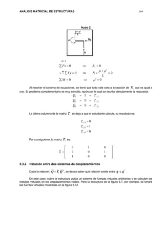 ANÁLISIS MATRICIAL DE ESTRUCTURAS 169
Nudo C
00
00
00 3








M
L
NFy
RFx
Al resolver el sistema de ecuaciones, se tiene que todo vale cero a excepción de 1R que es igual a
uno. El problema complementario es muy sencillo, razón por la cual se escribe directamente la respuesta.
1323
1222
1121
0
0
1
TQ
TQ
TQ



La última columna de la matriz 1T se deja a que el estudiante calcule, su resultado es:
0
1
0
133
123
113



T
T
T
Por consiguiente, la matriz 1T es:











001
100
010
1T
5.3.2 Relación entre dos sistemas de desplazamientos
Dada la relación: *
1 QTQ  , se desea saber qué relación existe entre q y
*
q .
En este caso, sobre la estructura actúa un sistema de fuerzas virtuales arbitrarias y se calculan los
trabajos virtuales en los desplazamientos reales. Para la estructura de la figura 5.7, por ejemplo, se tendrá
las fuerzas virtuales mostradas en la figura 5.12
 