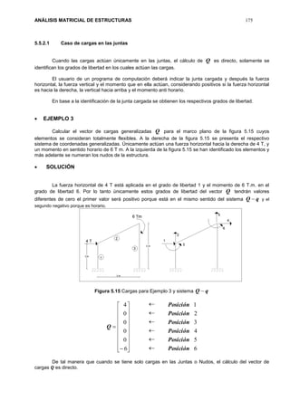 ANÁLISIS MATRICIAL DE ESTRUCTURAS 175
5.5.2.1 Caso de cargas en las juntas
Cuando las cargas actúan únicamente en las juntas, el cálculo de Q es directo, solamente se
identifican los grados de libertad en los cuales actúan las cargas.
El usuario de un programa de computación deberá indicar la junta cargada y después la fuerza
horizontal, la fuerza vertical y el momento que en ella actúan, considerando positivos si la fuerza horizontal
es hacia la derecha, la vertical hacia arriba y el momento anti horario.
En base a la identificación de la junta cargada se obtienen los respectivos grados de libertad.
 EJEMPLO 3
Calcular el vector de cargas generalizadas Q para el marco plano de la figura 5.15 cuyos
elementos se consideran totalmente flexibles. A la derecha de la figura 5.15 se presenta el respectivo
sistema de coordenadas generalizadas. Únicamente actúan una fuerza horizontal hacia la derecha de 4 T, y
un momento en sentido horario de 6 T m. A la izquierda de la figura 5.15 se han identificado los elementos y
más adelante se numeran los nudos de la estructura.
 SOLUCIÓN
La fuerza horizontal de 4 T está aplicada en el grado de libertad 1 y el momento de 6 T.m. en el
grado de libertad 6. Por lo tanto únicamente estos grados de libertad del vector Q tendrán valores
diferentes de cero el primer valor será positivo porque está en el mismo sentido del sistema qQ  y el
segundo negativo porque es horario.
Figura 5.15 Cargas para Ejemplo 3 y sistema qQ 






















6
0
0
0
0
4
Q






6
5
4
3
2
1
Posición
Posición
Posición
Posición
Posición
Posición
De tal manera que cuando se tiene solo cargas en las Juntas o Nudos, el cálculo del vector de
cargas 𝑸 es directo.
 