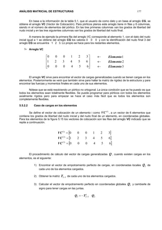 ANÁLISIS MATRICIAL DE ESTRUCTURAS 177
En base a la información de la tabla 5.1, que el usuario da como dato y en base al arreglo CG, se
obtiene el arreglo VC (Vector de Colocación). Para pórticos planos este arreglo tiene m filas y 6 columnas,
siendo m el número de elementos del pórtico. En las tres primeras columnas van los grados de libertad del
nudo inicial y en las tres siguientes columnas van los grados de libertad del nudo final.
A manera de ejemplo la primera fila del arreglo VC corresponde al elemento 1, con el dato del nudo
inicial igual a 1 se obtiene del arreglo CG los valores 0 0 0 y con la identificación del nudo final 3 del
arreglo CG se encuentra 1 2 3. Lo propio se hace para los restantes elementos.
 Arreglo VC










654000
654321
321000



3
2
1
Elemento
Elemento
Elemento
El arreglo VC sirve para encontrar el vector de cargas generalizadas cuando se tienen cargas en los
elementos. Posteriormente se verá que también sirve para hallar la matriz de rigidez de la estructura y para
encontrar las fuerzas y momentos finales en cada uno de sus elementos.
Nótese que se está resolviendo un pórtico no ortogonal. La única condición que se ha puesto es que
todos los elementos sean totalmente flexibles. Se puede programar para pórticos con todos los elementos
axialmente rígidos pero para empezar se hace el caso más fácil que es todos los elementos son
completamente flexibles.
5.5.2.2 Caso de cargas en los elementos
Se define el vector de colocación de un elemento i como
)(i
VC , a un vector de 6 elementos que
contiene los grados de libertad del nudo inicial y del nudo final de un elemento, en coordenadas globales.
Para los elementos de la figura 5.15 los vectores de colocación son las filas del arreglo VC indicado que se
repite a continuación.
 
 
 654000
654321
321000
)3(
)2(
)1(



VC
VC
VC
El procedimiento de cálculo del vector de cargas generalizadas Q , cuando existen cargas en los
elementos, es el siguiente:
1) Encontrar el vector de empotramiento perfecto de cargas, en coordenadas locales 2Q de
cada uno de los elementos cargados.
2) Obtener la matriz 32T de cada uno de los elementos cargados.
3) Calcular el vector de empotramiento perfecto en coordenadas globales 3Q y cambiarle de
signo para tener cargas en las juntas.
2323 QTQ t

 