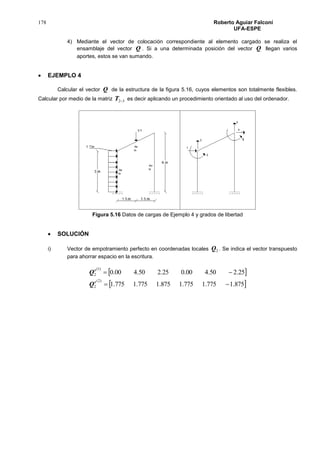 178 Roberto Aguiar Falconí
UFA-ESPE
4) Mediante el vector de colocación correspondiente al elemento cargado se realiza el
ensamblaje del vector Q . Si a una determinada posición del vector Q llegan varios
aportes, estos se van sumando.
 EJEMPLO 4
Calcular el vector Q de la estructura de la figura 5.16, cuyos elementos son totalmente flexibles.
Calcular por medio de la matriz 32T es decir aplicando un procedimiento orientado al uso del ordenador.
Figura 5.16 Datos de cargas de Ejemplo 4 y grados de libertad
 SOLUCIÓN
i) Vector de empotramiento perfecto en coordenadas locales 2Q . Se indica el vector transpuesto
para ahorrar espacio en la escritura.
 
 875.1775.1775.1875.1775.1775.1
25.250.400.025.250.400.0
)2(
2
)1(
2


t
t
Q
Q
 