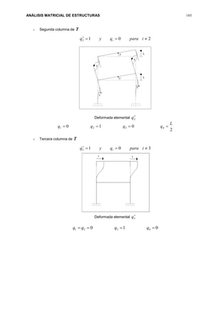 ANÁLISIS MATRICIAL DE ESTRUCTURAS 185
o Segunda columna de T
2012 
iparaqyq i
Deformada elemental

2q
2
010 4321
L
qqqq 
o Tercera columna de T
3013 
iparaqyq i
Deformada elemental

3q
010 4321  qqqq
 