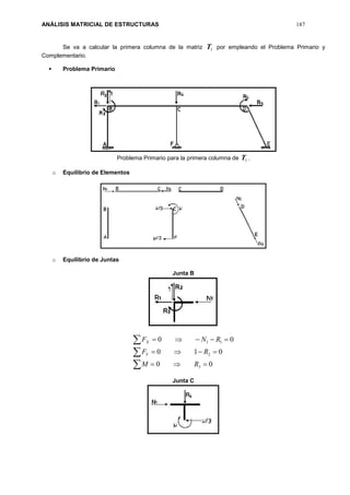 ANÁLISIS MATRICIAL DE ESTRUCTURAS 187
Se va a calcular la primera columna de la matriz 1T por empleando el Problema Primario y
Complementario.
 Problema Primario
Problema Primario para la primera columna de 1T .
o Equilibrio de Elementos
o Equilibrio de Juntas
Junta B






00
010
00
3
2
11
RM
RF
RNF
Y
X
Junta C
 