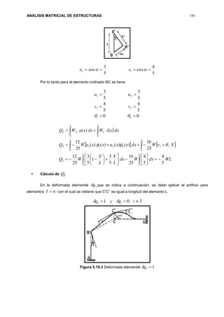 ANÁLISIS MATRICIAL DE ESTRUCTURAS 193
5
4
cos
5
3
11   vsenu
Por lo tanto para el elemento inclinado BC se tiene:
00
5
4
5
4
5
3
5
3
21
21
21




vv
uu
 
   






















LL
LL
L
Y
L
X
WLdxWdx
L
X
L
X
WQ
XWdxxxuxxuWQ
dxxvWdxxuWQ
00
2
0
11
0
42112
00
2
5
4
5
4
25
16
5
3
1
5
3
25
12
25
16
)()()()(
25
12
)(

 Cálculo de 3Q
En la deformada elemental 3q que se indica a continuación, se debe aplicar el artificio para
elementos I con el cual se obtiene que C’C’’ es igual a longitud del elemento L.
3013  iqyq i
Figura 5.19.3 Deformada elemental 13 q
 