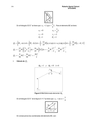 194 Roberto Aguiar Falconí
UFA-ESPE
En el triángulo CC’C’’ se tiene que: LtgLu
4
3
2   . Para el elemento BC se tiene:
11
0
4
3
0
21
21
21




Lvv
Luu
     
 
250
16
50
9
225
16
225
9
25
16
4
3
25
12
25
16
)()()()(
25
12
)(
2
22
3
0 0
2
0
2
0
3
0
11
0
4211
00
3
WL
WLWLQ
X
W
X
WdxXWdx
L
X
LWQ
XWdxxxuxxuWdxxvWdxxuWQ
L LLL
LLL
Y
L
X








 
 Cálculo de 4Q
4014  iqyq i
Figura 5.19.4 Deformada elemental 4q
En el triángulo CC’C’’ de la figura 5.11.7 se tiene que:
4
5
sec2  u
En consecuencia las coordenadas del elemento BC, son:
 