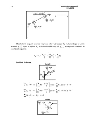 196 Roberto Aguiar Falconí
UFA-ESPE
El cortante BV se puede encontrar integrando entre 0 y L la carga YW multiplicando por la función
de forma )(2 x y para el cortante CV multiplicando dicha carga por )(5 x e integrando. Otra forma de
hacerlo es la siguiente:
WL
L
W
LW
VV Y
cB
25
8
225
16
2



 Equilibrio de Juntas
Junta B









 






 

00
0
25
6
cos
25
8
0
0cos
25
6
25
8
0
3
2
'
1
'





RM
RsenWL
L
WLF
RWLsen
L
WLF
Y
X
Junta C
 