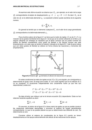 ANÁLISIS MATRICIAL DE ESTRUCTURAS 217
Al examinar esta última ecuación se observa que 1iK , por ejemplo, es el valor de la carga
iQ correspondiente al estado de desplazamiento 1011  iqyq i . Es decir 1iK es el
valor de iQ en la deformada elemental 1q . La expresión anterior puede escribirse de la siguiente
manera:


n
j
jiji qKQ
1
En general se tendrá que un elemento cualquiera ijK es el valor de la carga generalizada
iQ correspondiente a la deformada elemental jq .
Para el pórtico plano de la figura 6.1 se tiene que la matriz de rigidez K es de (7 x 7). La
notación de los grados de libertad de la figura 6.1 es la que se ha venido utilizando en el libro y se
seguirá utilizando sin embargo es necesario que el lector conozca que se puede numerar los
grados de libertad considerando como grado de libertad a los apoyos aunque sea este
empotramiento y en este caso se tendrá la notación indicada en la figura 6.2. Vale la pena indicar
que con éstos grados de libertad se obtiene en forma directa las reacciones y momentos del
empotramiento.
Figura 6.2 Sistema qQ  orientado al cálculo de reacciones en apoyos.
En estas condiciones la matriz de rigidez es de (12 x 12) y es singular, por consiguiente su
determinante es igual a cero. El rango de la matriz K es 9. Esto significa que en la relación (6.1)
no se consiguen 12 ecuaciones independientes sino únicamente nueve ya que tres son
dependientes y estas son:
011852
010741


EcEcEcEc
EcEcEcEc
vavatada
mamatara
Se deja al lector que indique cual es la tercera ecuación (Ec) dependiente. Estas se han
obtenido haciendo equilibrio es decir:
    000 MFF YX
En resumen, el pórtico de la figura 6.2 si tiene matriz de rigidez ya que es posible construir
las respectivas deformadas elementales y encontrar el sistema de cargas generalizadas
correspondiente. Lo que no es posible obtener es que su determinante sea diferente de cero. Su
determinante es cero.
Conviene utilizar el sistema de coordenadas de la figura 6.2 cuando se tienen
desplazamientos en los apoyos adicionalmente del cálculo de las reacciones de los apoyos.
 