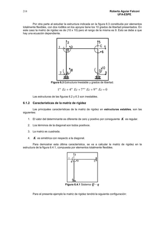 218 Roberto Aguiar Falconí
UFA-ESPE
Por otra parte al estudiar la estructura indicada en la figura 6.3 constituida por elementos
totalmente flexibles, con dos rodillos en los apoyos tiene los 10 grados de libertad presentados. En
este caso la matriz de rigidez es de (10 x 10) pero el rango de la misma es 9. Esto se debe a que
hay una ecuación dependiente.
Figura 6.3 Estructura Inestable y grados de libertad.
09741  EcEcEcEc namatara
Las estructuras de las figuras 6.2 y 6.3 son inestables.
6.1.2 Características de la matriz de rigidez
Las principales características de la matriz de rigidez en estructuras estables, son las
siguientes:
1. El valor del determinante es diferente de cero y positivo por consiguiente K es regular.
2. Los términos de la diagonal son todos positivos.
3. La matriz es cuadrada.
4. K es simétrica con respecto a la diagonal.
Para demostrar esta última característica, se va a calcular la matriz de rigidez en la
estructura de la figura 6.4.1, compuesta por elementos totalmente flexibles.
Figura 6.4.1 Sistema qQ 
Para el presente ejemplo la matriz de rigidez tendrá la siguiente configuración:
 