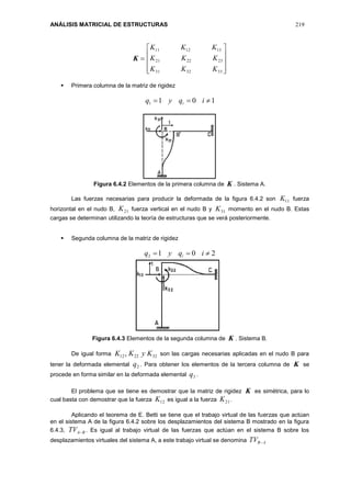 ANÁLISIS MATRICIAL DE ESTRUCTURAS 219
K










333231
232221
131211
KKK
KKK
KKK
 Primera columna de la matriz de rigidez
1011  iqyq i
Figura 6.4.2 Elementos de la primera columna de K . Sistema A.
Las fuerzas necesarias para producir la deformada de la figura 6.4.2 son 11K fuerza
horizontal en el nudo B, 21K fuerza vertical en el nudo B y 31K momento en el nudo B. Estas
cargas se determinan utilizando la teoría de estructuras que se verá posteriormente.
 Segunda columna de la matriz de rigidez
2012  iqyq i
Figura 6.4.3 Elementos de la segunda columna de K . Sistema B.
De igual forma 322212, KyKK son las cargas necesarias aplicadas en el nudo B para
tener la deformada elemental 2q . Para obtener los elementos de la tercera columna de K se
procede en forma similar en la deformada elemental 3q .
El problema que se tiene es demostrar que la matriz de rigidez K es simétrica, para lo
cual basta con demostrar que la fuerza 12K es igual a la fuerza 21K .
Aplicando el teorema de E. Betti se tiene que el trabajo virtual de las fuerzas que actúan
en el sistema A de la figura 6.4.2 sobre los desplazamientos del sistema B mostrado en la figura
6.4.3, BATV  . Es igual al trabajo virtual de las fuerzas que actúan en el sistema B sobre los
desplazamientos virtuales del sistema A, a este trabajo virtual se denomina ABTV 
 