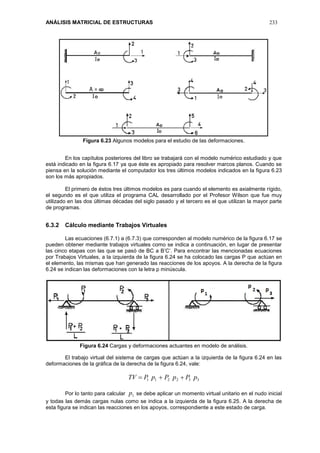 ANÁLISIS MATRICIAL DE ESTRUCTURAS 233
Figura 6.23 Algunos modelos para el estudio de las deformaciones.
En los capítulos posteriores del libro se trabajará con el modelo numérico estudiado y que
está indicado en la figura 6.17 ya que éste es apropiado para resolver marcos planos. Cuando se
piensa en la solución mediante el computador los tres últimos modelos indicados en la figura 6.23
son los más apropiados.
El primero de éstos tres últimos modelos es para cuando el elemento es axialmente rígido,
el segundo es el que utiliza el programa CAL desarrollado por el Profesor Wilson que fue muy
utilizado en las dos últimas décadas del siglo pasado y el tercero es el que utilizan la mayor parte
de programas.
6.3.2 Cálculo mediante Trabajos Virtuales
Las ecuaciones (6.7.1) a (6.7.3) que corresponden al modelo numérico de la figura 6.17 se
pueden obtener mediante trabajos virtuales como se indica a continuación, en lugar de presentar
las cinco etapas con las que se pasó de BC a B’C’. Para encontrar las mencionadas ecuaciones
por Trabajos Virtuales, a la izquierda de la figura 6.24 se ha colocado las cargas P que actúan en
el elemento, las mismas que han generado las reacciones de los apoyos. A la derecha de la figura
6.24 se indican las deformaciones con la letra p minúscula.
Figura 6.24 Cargas y deformaciones actuantes en modelo de análisis.
El trabajo virtual del sistema de cargas que actúan a la izquierda de la figura 6.24 en las
deformaciones de la gráfica de la derecha de la figura 6.24, vale:
332211 pPpPpPTV 
Por lo tanto para calcular 1p se debe aplicar un momento virtual unitario en el nudo inicial
y todas las demás cargas nulas como se indica a la izquierda de la figura 6.25. A la derecha de
esta figura se indican las reacciones en los apoyos, correspondiente a este estado de carga.
 