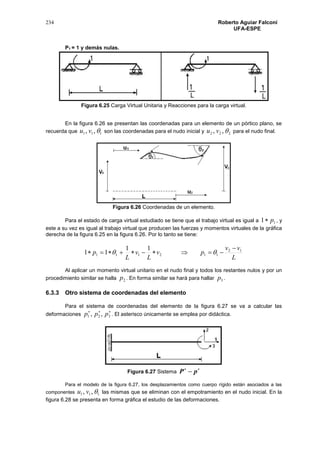 234 Roberto Aguiar Falconí
UFA-ESPE
P1 = 1 y demás nulas.
Figura 6.25 Carga Virtual Unitaria y Reacciones para la carga virtual.
En la figura 6.26 se presentan las coordenadas para un elemento de un pórtico plano, se
recuerda que 111 ,, vu son las coordenadas para el nudo inicial y 222 ,, vu para el nudo final.
Figura 6.26 Coordenadas de un elemento.
Para el estado de carga virtual estudiado se tiene que el trabajo virtual es igual a 11 p , y
este a su vez es igual al trabajo virtual que producen las fuerzas y momentos virtuales de la gráfica
derecha de la figura 6.25 en la figura 6.26. Por lo tanto se tiene:
L
vv
pv
L
v
L
p 12
112111
11
11

 
Al aplicar un momento virtual unitario en el nudo final y todos los restantes nulos y por un
procedimiento similar se halla 2p . En forma similar se hará para hallar 3p .
6.3.3 Otro sistema de coordenadas del elemento
Para el sistema de coordenadas del elemento de la figura 6.27 se va a calcular las
deformaciones

321 ,, ppp . El asterisco únicamente se emplea por didáctica.
Figura 6.27 Sistema

 pP
Para el modelo de la figura 6.27, los desplazamientos como cuerpo rígido están asociados a las
componentes 111 ,, vu las mismas que se eliminan con el empotramiento en el nudo inicial. En la
figura 6.28 se presenta en forma gráfica el estudio de las deformaciones.
 