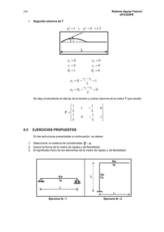240 Roberto Aguiar Falconí
UFA-ESPE
 Segunda columna de T
2012  
ipyp i
01
00
00
21
21
21




vv
uu
0
1
12
22
12
11






L
vv
p
L
vv
p


Se deja al estudiante el cálculo de la tercera y cuarta columna de la matriz T que resulta:
T















1
1
0
1
0
1
1
1
LL
LL
6.5 EJERCICIOS PROPUESTOS
En las estructuras presentadas a continuación, se desea:
1. Seleccionar un sistema de coordenadas qQ  .
2. Indicar la forma de la matriz de rigidez y de flexibilidad.
3. El significado físico de los elementos de la matriz de rigidez y de flexibilidad.
Ejercicio N.- 1 Ejercicio N.- 2
 