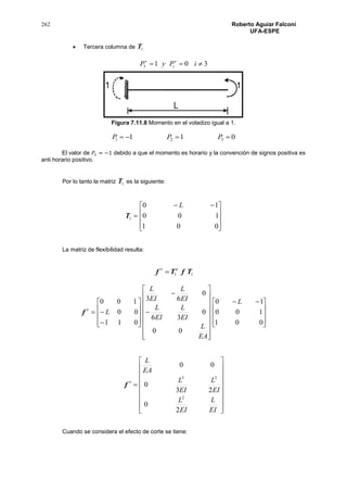 262 Roberto Aguiar Falconí
UFA-ESPE
 Tercera columna de 1T
3013  
iPyP i
Figura 7.11.8 Momento en el voladizo igual a 1.
011 321  PPP
El valor de 𝑃1 = −1 debido a que el momento es horario y la convención de signos positiva es
anti horario positivo.
Por lo tanto la matriz 1T es la siguiente:
1T









 
001
100
10 L
La matriz de flexibilidad resulta:
11 TfTf t


f









 
































001
100
10
00
0
36
0
63
011
00
100 L
EA
L
EI
L
EI
L
EI
L
EI
L
L

f



















EI
L
EI
L
EI
L
EI
L
EA
L
2
0
23
0
00
2
23
Cuando se considera el efecto de corte se tiene:
 