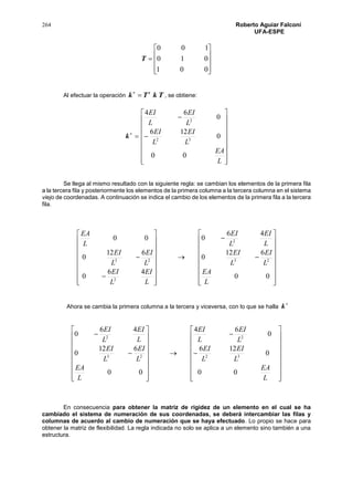 264 Roberto Aguiar Falconí
UFA-ESPE











001
010
100
T
Al efectuar la operación TkTk t

, se obtiene:

k




















L
EA
L
EI
L
EI
L
EI
L
EI
00
0
126
0
64
32
2
Se llega al mismo resultado con la siguiente regla: se cambian los elementos de la primera fila
a la tercera fila y posteriormente los elementos de la primera columna a la tercera columna en el sistema
viejo de coordenadas. A continuación se indica el cambio de los elementos de la primera fila a la tercera
fila.









































00
612
0
46
0
46
0
612
0
00
23
2
2
23
L
EA
L
EI
L
EI
L
EI
L
EI
L
EI
L
EI
L
EI
L
EI
L
EA
Ahora se cambia la primera columna a la tercera y viceversa, con lo que se halla

k









































L
EA
L
EI
L
EI
L
EI
L
EI
L
EA
L
EI
L
EI
L
EI
L
EI
00
0
126
0
64
00
612
0
46
0
32
2
23
2
En consecuencia para obtener la matriz de rigidez de un elemento en el cual se ha
cambiado el sistema de numeración de sus coordenadas, se deberá intercambiar las filas y
columnas de acuerdo al cambio de numeración que se haya efectuado. Lo propio se hace para
obtener la matriz de flexibilidad. La regla indicada no solo se aplica a un elemento sino también a una
estructura.
 
