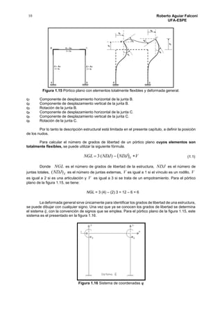 10 Roberto Aguiar Falconí
UFA-ESPE
Figura 1.15 Pórtico plano con elementos totalmente flexibles y deformada general.
q1 Componente de desplazamiento horizontal de la junta B.
q2 Componente de desplazamiento vertical de la junta B.
q3 Rotación de la junta B.
q4 Componente de desplazamiento horizontal de la junta C.
q5 Componente de desplazamiento vertical de la junta C.
q6 Rotación de la junta C.
Por lo tanto la descripción estructural está limitada en el presente capítulo, a definir la posición
de los nudos.
Para calcular el número de grados de libertad de un pórtico plano cuyos elementos son
totalmente flexibles, se puede utilizar la siguiente fórmula.
  VNDJNDJNGL E  )(3
Donde NGL es el número de grados de libertad de la estructura, NDJ es el número de
juntas totales, ENDJ)( es el número de juntas externas, V es igual a 1 si el vínculo es un rodillo, V
es igual a 2 si es una articulación y V es igual a 3 si se trata de un empotramiento. Para el pórtico
plano de la figura 1.15, se tiene:
NGL = 3 (4) – (2) 3 = 12 – 6 = 6
La deformada general sirve únicamente para identificar los grados de libertad de una estructura,
se puede dibujar con cualquier signo. Una vez que ya se conocen los grados de libertad se determina
el sistema 𝑞̅, con la convención de signos que se emplea. Para el pórtico plano de la figura 1.15, este
sistema es el presentado en la figura 1.16.
Figura 1.16 Sistema de coordenadas 𝒒
(1.1)
 
