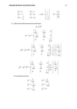 ANÁLISIS MATRICIAL DE ESTRUCTURAS 297
0
1
01
11
)2(
3
)1(
3
)2(
2
)1(
2
)2(
1
)1(
1



P
L
P
PP
PP
)1(
P
















L
1
1
1
)2(
P










0
0
1
2) Cálculo de las deformaciones de los elementos.
Pfp 
 )2()1(
ff




















EA
L
EI
L
EI
L
EI
L
EI
L
00
0
36
0
63
 )1()1()1(
Pfp




















EA
L
EI
L
EI
L
EI
L
EI
L
00
0
36
0
63

















L
1
1
1




















EA
EI
L
EI
L
1
2
2
 )2()2()2(
Pfp




















EA
L
EI
L
EI
L
EI
L
EI
L
00
0
36
0
63





























0
6
3
0
0
1
EI
L
EI
L
En consecuencia se tiene:
0
1
62
32
)2(
3
)1(
3
)2(
2
)1(
2
)2(
1
)1(
1



p
EA
p
EI
L
p
EI
L
p
EI
L
p
EI
L
p
 