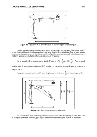ANÁLISIS MATRICIAL DE ESTRUCTURAS 299
Figura 8.8.2 Solución de la discontinuidad en el nudo B pero no en el ángulo.
Si bien se ha solucionado un problema, ahora se ha creado otro que es la posición del nudo C’
ya que debido al tipo de vínculo existente en esa junta el nudo C no debe bajar. Esto se va a resolver
posteriormente, se concentra la atención en resolver el problema de que la junta B antes de deformarse
medía 90 grados y después de deformarse debe medir 90 grados.
En la figura 8.8.2 se aprecia que el ángulo B’ vale 
3
5
90
3
2
90  . Pero el ángulo
B’ debe valer 90 grados luego el elemento B’C’ se rota 
3
5
haciendo centro en B’ esto se presenta en
la figura 8.8.3.
Luego de la rotación, el punto C’ se ha desplazado verticalmente L
3
5
hasta llegar a C’’.
Figura 8.8.3 Solución de la rotación del nudo B.
La posición final del nudo C no puede ser C’’ como está indicado en la figura 8.8.3 debe estar
en cualquier parte de la recta BC, para lograr éste objetivo se debe rotar el nudo A un ángulo  .
 