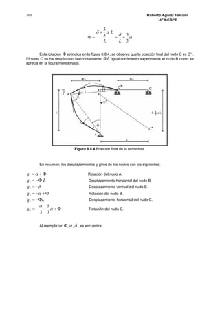 300 Roberto Aguiar Falconí
UFA-ESPE



3
53
5



LL
L
Esta rotación  se indica en la figura 8.8.4, se observa que la posición final del nudo C es C’’’.
El nudo C se ha desplazado horizontalmente L igual corrimiento experimenta el nudo B como se
aprecia en la figura mencionada.
Figura 8.8.4 Posición final de la estructura.
En resumen, los desplazamientos y giros de los nudos son los siguientes:
 1q Rotación del nudo A.
Lq 2 Desplazamiento horizontal del nudo B.
3q Desplazamiento vertical del nudo B.
 4q Rotación del nudo B.
Lq 5 Desplazamiento horizontal del nudo C.
 

3
5
3
6q Rotación del nudo C.
Al reemplazar ,, , se encuentra:
 