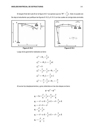 ANÁLISIS MATRICIAL DE ESTRUCTURAS 305
El ángulo final del nudo B en la figura 8.9.1 se aprecia que es 
3
2
90 o
. Esto no puede ser.
Se deja al estudiante que justifique las figuras 8.10.2 y 8.10.3 con las cuales se corrige ésta anomalía.
Figura 8.10.2 Figura 8.10.3
Luego de la geometría realizada se tiene:
33
2
3
3
2
3
2
3
2
3
2
0
3
2
3
2
2
)2(
6
2
)2(
5
2
)2(
4
)2(
3
2
)2(
2
2
)2(
1













q
LLq
q
q
LLq
q
Al sumar los desplazamientos y giros obtenidos en las dos etapas se tiene:
)2()1(
qqq 
3
3
5
3
2
3
2
0
3
5
3
2
3
8
3
2
2
6
5
4
3
2
1
















L
q
LLLq
L
q
q
LLLq
LL
q
 