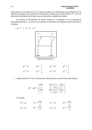 310 Roberto Aguiar Falconí
UFA-ESPE
cada columna. En la figura 8.12.3 se muestra el sistema de coordenadas de los elementos de la
estructura analizada y la numeración de los elementos. Nótese que no existe sistema pP  en los
elementos horizontales esto se debe a que son elementos completamente rígidos.
De acuerdo al procedimiento de cálculo indicado en el apartado 8.1.2 se construye la
deformada elemental 2q ya que se va a encontrar los elementos de la segunda columna de la matriz
de rigidez.
 2012  iqyq i
Deformada elemental 2q
L
pp
L
pp
L
pp
L
pp
1
0
1
0
1
0
1
0
)4(
2
)3(
2
)2(
2
)1(
2
)4(
1
)3(
1
)2(
1
)1(
1


 Cargas Internas pkP  . Únicamente los elementos dos y cuatro tienen deformaciones.
 )4()2(
PP





































2
0
2
0
6
6
1
1
42
24
L
EI
L
EI
L
L
L
EI
L
EI
L
EI
L
EI
oo
oo
Por lo tanto:
2
)4(
2
)3(
22
)2(
2
)1(
2
2
)4(
1
)3(
12
)2(
1
)1(
1
6
0
6
0
6
0
6
0
L
EI
PP
L
EI
PP
L
EI
PP
L
EI
PP
oo
oo


 