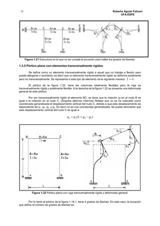 14 Roberto Aguiar Falconí
UFA-ESPE
Figura 1.21 Estructura en la que no se cumple la ecuación para hallar los grados de libertad.
1.3.5 Pórtico plano con elementos transversalmente rígidos
Se define como un elemento transversalmente rígido a aquel que no trabaja a flexión pero
puede alargarse o acortarse, es decir que un elemento transversalmente rígido se deforma axialmente
pero no transversalmente. Se representa a este tipo de elemento de la siguiente manera: I .
El pórtico de la figura 1.22, tiene las columnas totalmente flexibles pero la viga es
transversalmente rígida y axialmente flexible. A la derecha de la figura 1.22 se presenta una deformada
general de este pórtico.
Por ser transversalmente rígido el elemento BC, se tiene que la rotación q3 en el nudo B es
igual a la rotación en el nudo C. (Ángulos alternos internos) Nótese que no se ha colocado como
coordenada generalizada el desplazamiento vertical del nudo C, debido a que este desplazamiento es
dependiente de q1, q2, q3, y q4. Es decir no es una coordenada generalizada. Se puede demostrar que
este desplazamiento vertical del nudo C es igual a:
)( 1432 qqLqq 
Figura 1.22 Pórtico plano con viga transversalmente rígida y deformada general.
Por lo tanto el pórtico de la figura 1.18.1, tiene 4 grados de libertad. En este caso, la ecuación
que define el número de grados de libertad es:
 