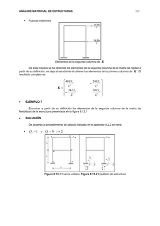 ANÁLISIS MATRICIAL DE ESTRUCTURAS 313
 Fuerzas exteriores
Elementos de la segunda columna de K
De ésta manera se ha obtenido los elementos de la segunda columna de la matriz de rigidez a
partir de su definición, se deja al estudiante el obtener los elementos de la primera columna de K . El
resultado completo es:
K














33
33
2424
2448
L
EI
L
EI
L
EI
L
EI
oo
oo
 EJEMPLO 7
Encontrar a partir de su definición los elementos de la segunda columna de la matriz de
flexibilidad de la estructura presentada en la figura 8.12.1
 SOLUCIÓN
De acuerdo al procedimiento de cálculo indicado en el apartado 8.2.2 se tiene:
 2012  iQyQ i
Figura 8.13.1 Fuerza unitaria. Figura 8.13.2 Equilibrio de estructura.
 