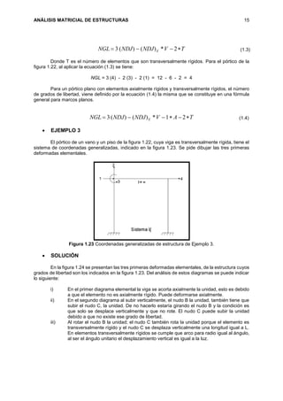 ANÁLISIS MATRICIAL DE ESTRUCTURAS 15
TVNDJNDJNGL E  2*)()(3
Donde T es el número de elementos que son transversalmente rígidos. Para el pórtico de la
figura 1.22, al aplicar la ecuación (1.3) se tiene:
NGL = 3 (4) - 2 (3) - 2 (1) = 12 - 6 - 2 = 4
Para un pórtico plano con elementos axialmente rígidos y transversalmente rígidos, el número
de grados de libertad, viene definido por la ecuación (1.4) la misma que se constituye en una fórmula
general para marcos planos.
TAVNDJNDJNGL E  21*)()(3
 EJEMPLO 3
El pórtico de un vano y un piso de la figura 1.22, cuya viga es transversalmente rígida, tiene el
sistema de coordenadas generalizadas, indicado en la figura 1.23. Se pide dibujar las tres primeras
deformadas elementales.
Figura 1.23 Coordenadas generalizadas de estructura de Ejemplo 3.
 SOLUCIÓN
En la figura 1.24 se presentan las tres primeras deformadas elementales, de la estructura cuyos
grados de libertad son los indicados en la figura 1.23. Del análisis de estos diagramas se puede indicar
lo siguiente:
i) En el primer diagrama elemental la viga se acorta axialmente la unidad, esto es debido
a que el elemento no es axialmente rígido. Puede deformarse axialmente.
ii) En el segundo diagrama al subir verticalmente, el nudo B la unidad, también tiene que
subir el nudo C, la unidad. De no hacerlo estaría girando el nudo B y la condición es
que solo se desplace verticalmente y que no rote. El nudo C puede subir la unidad
debido a que no existe ese grado de libertad.
iii) Al rotar el nudo B la unidad; el nudo C también rota la unidad porque el elemento es
transversalmente rígido y el nudo C se desplaza verticalmente una longitud igual a L.
En elementos transversalmente rígidos se cumple que arco para radio igual al ángulo,
al ser el ángulo unitario el desplazamiento vertical es igual a la luz.
(1.3)
(1.4)
 