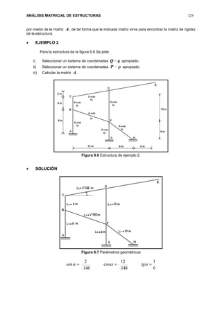 ANÁLISIS MATRICIAL DE ESTRUCTURAS 329
por medio de la matriz A, de tal forma que la indicada matriz sirve para encontrar la matriz de rigidez
de la estructura.
 EJEMPLO 2
Para la estructura de la figura 9.6 Se pide:
i) Seleccionar un sistema de coordenadas qQ  apropiado.
ii) Seleccionar un sistema de coordenadas pP  apropiado.
iii) Calcular la matriz A.
Figura 9.6 Estructura de ejemplo 2.
 SOLUCIÓN
Figura 9.7 Parámetros geométricos
6
1
148
12
cos
148
2
  tgsen
 