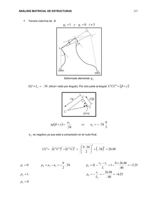 ANÁLISIS MATRICIAL DE ESTRUCTURAS 337
 Tercera columna de A
3013  iqyq i
Deformada elemental 3q
CC’’= 342 L (Arco= radio por ángulo). Por otra parte el ángulo   '''CCC
 
2
9
34
34
2
2
 u
u
tg 
2u es negativo ya que está a compresión en el nudo final.
      88.2634
2
349
''''''
2
2
22






 CCCCCC
0
25.4
40
88.26
1
25.3
40
88.260
134
2
9
0
3
3
1
62
12
151241







p
L
v
pp
L
vv
puupp 
 
