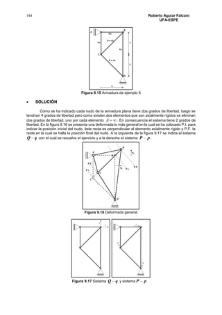 344 Roberto Aguiar Falconí
UFA-ESPE
Figura 9.15 Armadura de ejemplo 6
 SOLUCIÓN
Como se ha indicado cada nudo de la armadura plana tiene dos grados de libertad, luego se
tendrían 4 grados de libertad pero como existen dos elementos que son axialmente rígidos se eliminan
dos grados de libertad, uno por cada elemento A . En consecuencia el sistema tiene 2 grados de
libertad. En la figura 9.16 se presenta una deformada lo más general en la cual se ha colocado P.I. para
indicar la posición inicial del nudo, ésta recta es perpendicular al elemento axialmente rígido y P.F. la
recta en la cual se halla la posición final del nudo. A la izquierda de la figura 9.17 se indica el sistema
qQ  con el cual se resuelve el ejercicio y a la derecha el sistema pP  .
Figura 9.16 Deformada general.
Figura 9.17 Sistema qQ  y sistema pP 
 