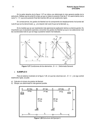 18 Roberto Aguiar Falconí
UFA-ESPE
En la parte derecha de la figura 1.27 se indica una deformada lo más general posible de la
estructura. Nótese que la junta B no gira ya que si rotara la posición final de C’ no caería dentro de la
recta Y2 ‘–Y3’ que es la posición final del miembro BC por ser axialmente rígido.
En consecuencia, los grados de libertad son la componente de desplazamiento horizontal del
nudo B que se ha denominado 1q y la rotación del nudo D que se ha llamado 2q .
En la medida que se van resolviendo más ejercicios la explicación teórica va disminuyendo. Es
importante que el estudiante aprenda a encontrar los grados de libertad ya que si se seleccionan mal
las coordenadas todo lo que se haga a posterior estará mal realizado.
Figura 1.27 Condiciones de los elementos A . Deformada General.
 EJEMPLO 5
Para el sistema mostrado en la figura 1.28, en que las columnas son A y la viga central
totalmente rígida, se pide:
a) Calcular el número de grados de libertad
b) Dibujar una deformada lo más general posible.
Figura 1.28 Estructura del Ejemplo 5.
 
